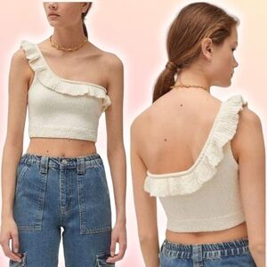 One-Shoulder Cream Knitted Ruffle Top, XS